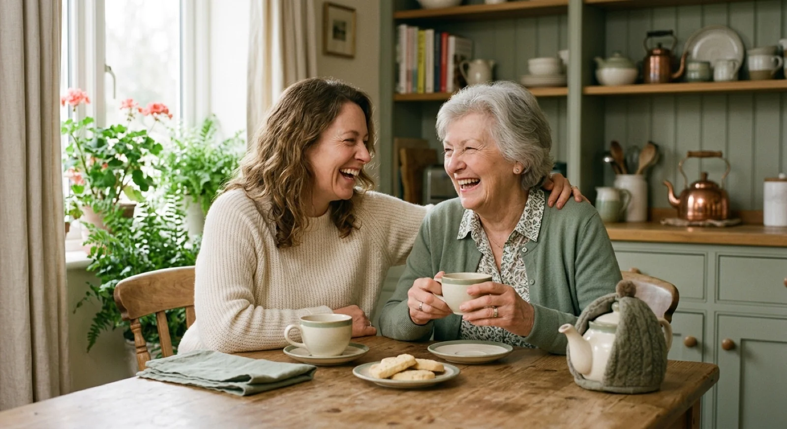 An adult daughter and her mother laughing together over tea at a warm kitchen table